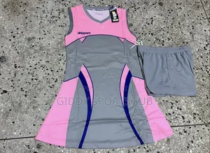 Pink With Grey and Blue Line Netball Uniform
