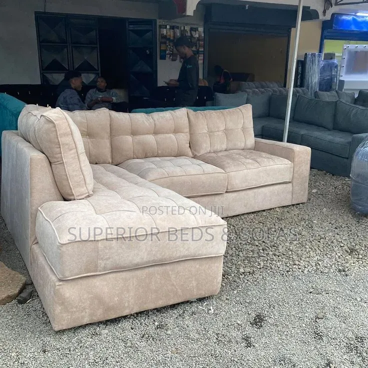 Beige Tufted Corner Sofa: 5 Seater