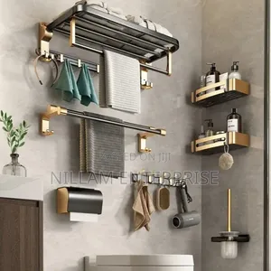 *7pcs Black Multifunctional Aluminum Bath Towel Storage Rack