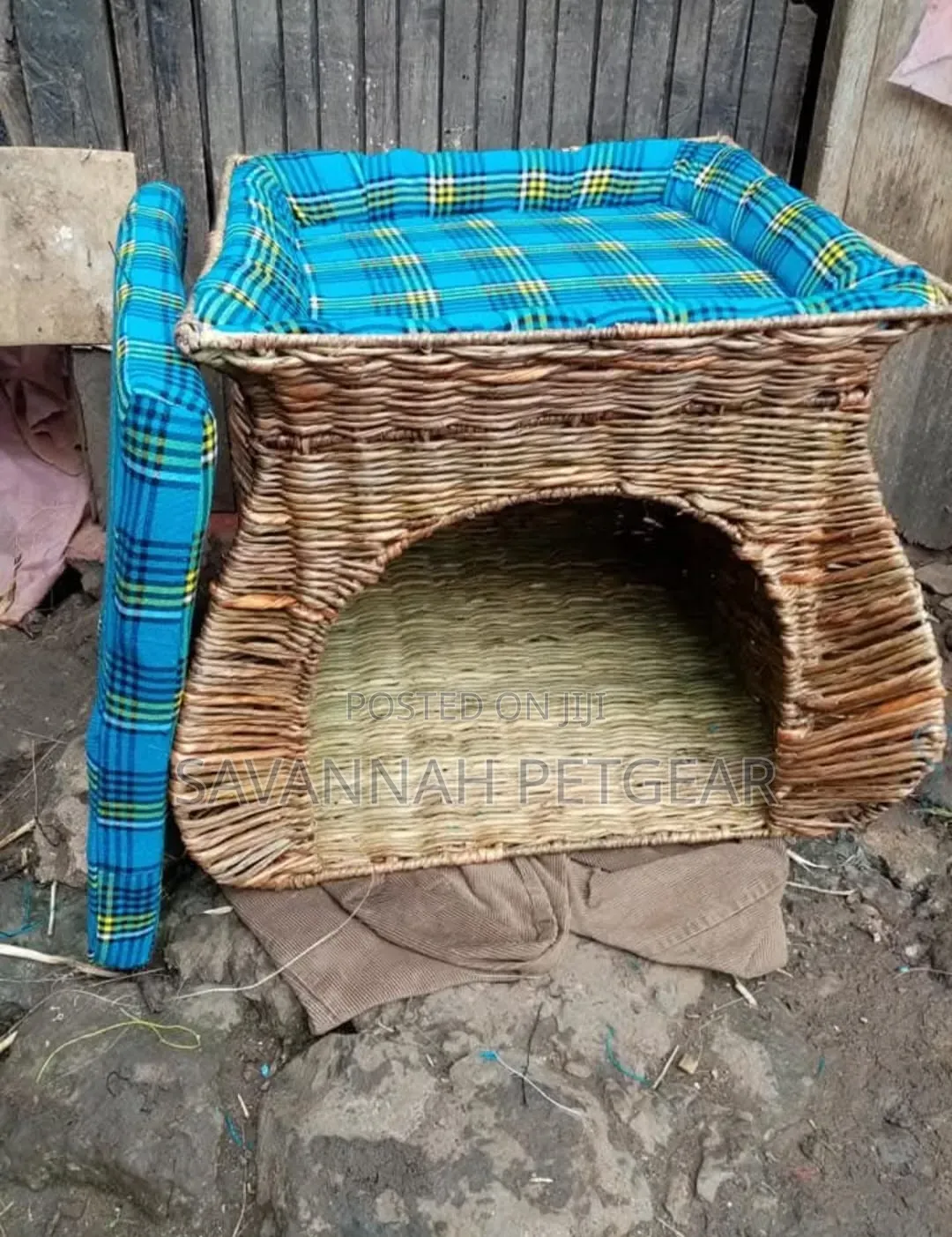 Custom-Made Cat Bed Woven Wicker Cave With a Blue Plaid Cushion on Top