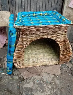 Custom-Made Cat Bed Woven Wicker Cave With a Blue Plaid Cushion on Top