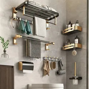 7pcs Black Gold Multifunctional Aluminum Bath Towel Storage Rack Set