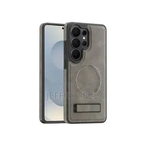S26 Ultra Leather Case. Magsafe With Stand. Grey