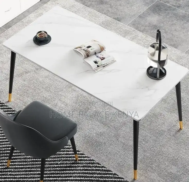 Dining Table: Rectangular Rock Plate Dining Table With Gold Metal Legs