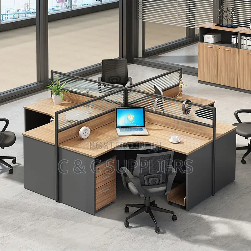 4-Way Brown Curved Workstation