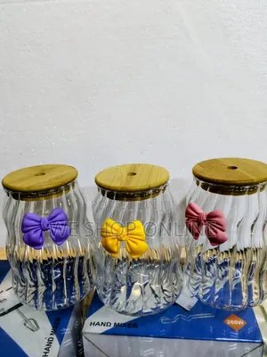 Wavy Glass Mug With Bamboo Lid Colorful Butterfly Bow