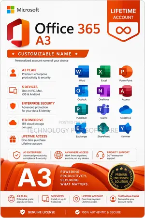 Office 365 A3 – Lifetime Account for 5 Devices, Customizable Name