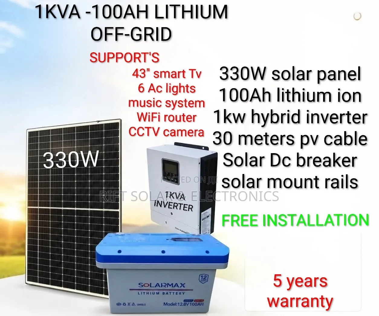 Home 1kwh Offgrid System - 100ah Lithium Battery - 330w Solar Panel
