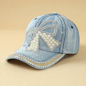 Bow Pearl Diamond Denim Baseball Cap,_st