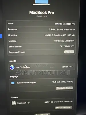 Laptop Apple MacBook Pro 16GB Intel Core i9 SSD 500GB