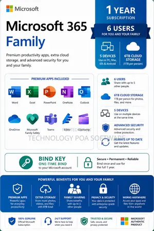 Microsoft 365 Family 5 Device 6tb 1 Year 6 User Bind Key