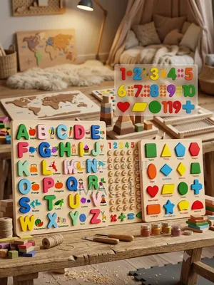 3-Piece Kids Wooden Educational Board Set – Alphabet, Numbers Shapes
