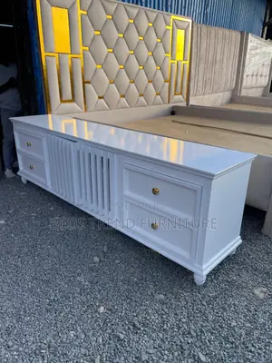 White Modern Tv Stand With Gold Knobs