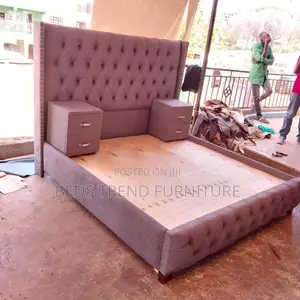 6 by 6 Chester Bed Tufted Headboard With Side Cabinets