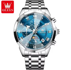 Blue Face Sliver Strap Olevs Chronograph Gents Watch