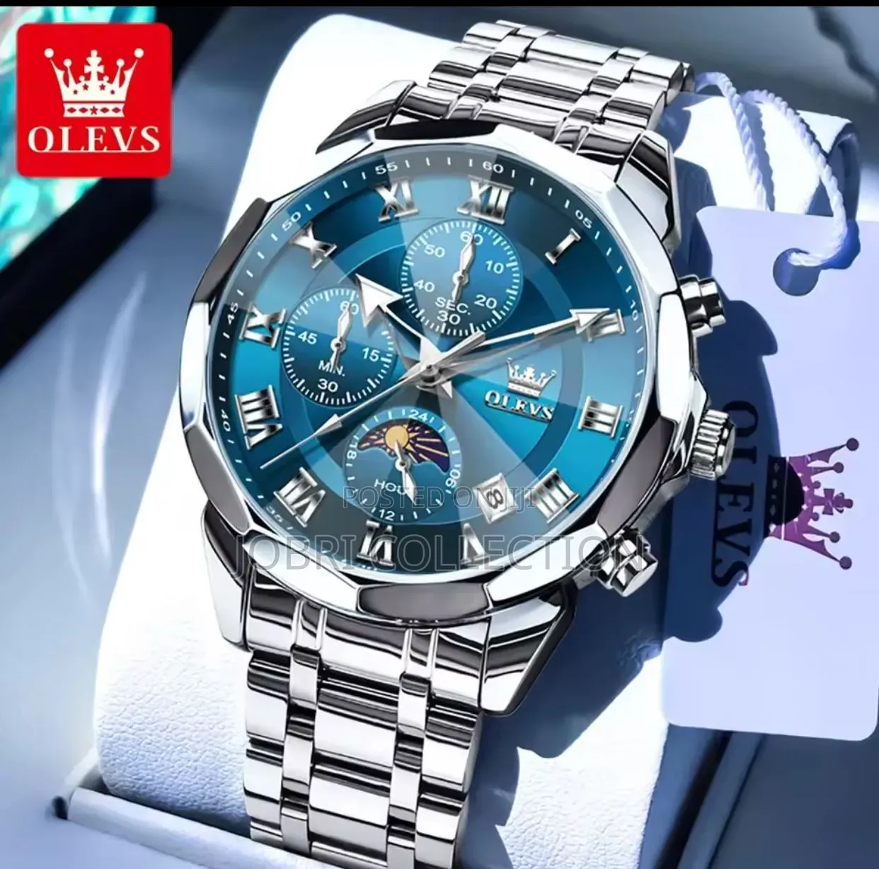 Blue Face Sliver Strap Olevs Chronograph Gents Watch