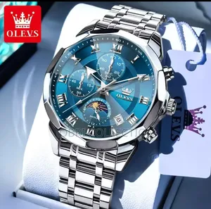 Blue Face Sliver Strap Olevs Chronograph Gents Watch