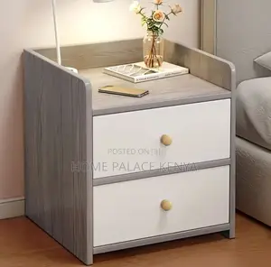 Nightstand: Gray Wood Grain Stand With White Drawers