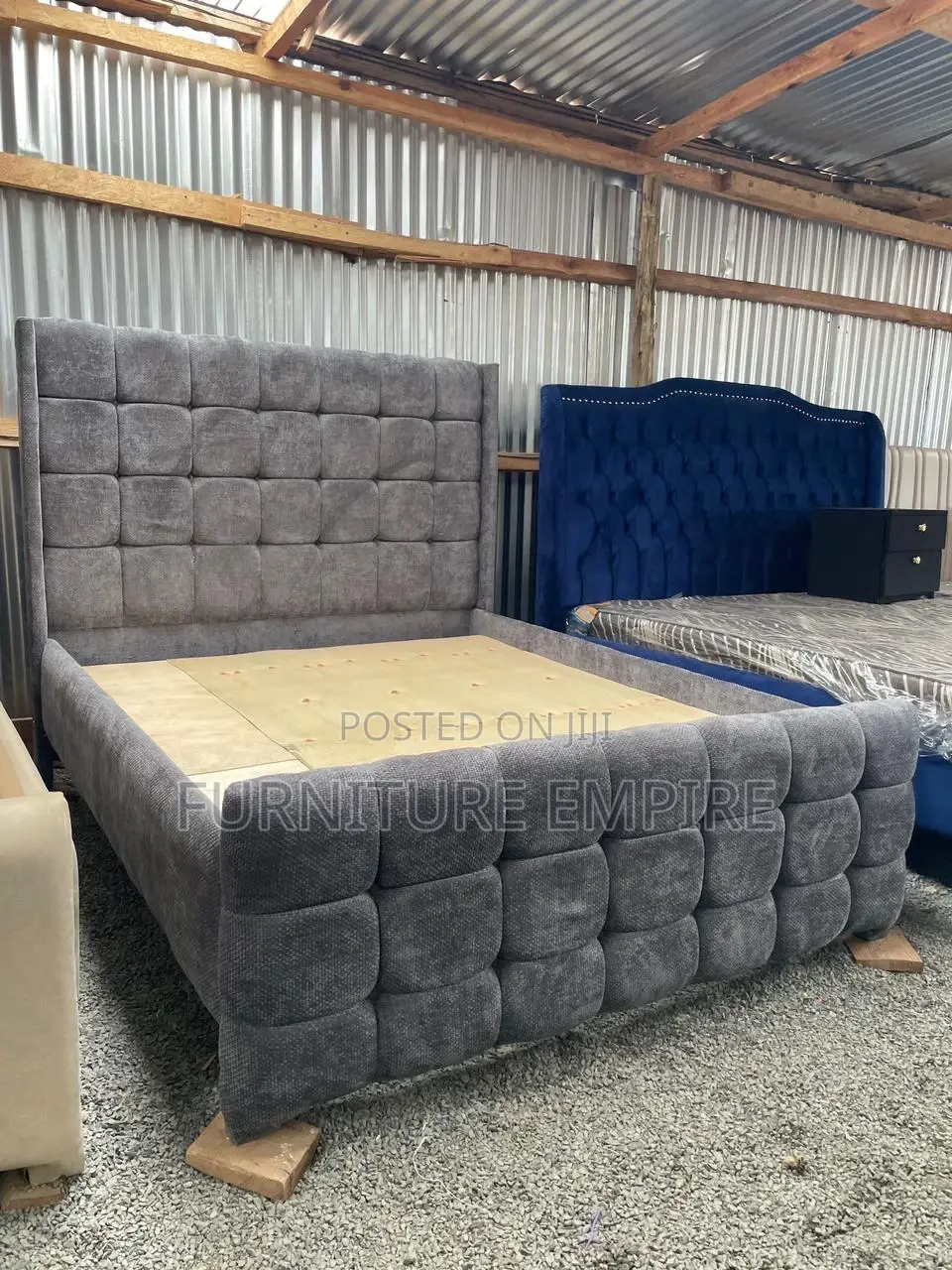 6 by 6 Rectangular Grey Chester Bed With Tufted Headboard Footboard
