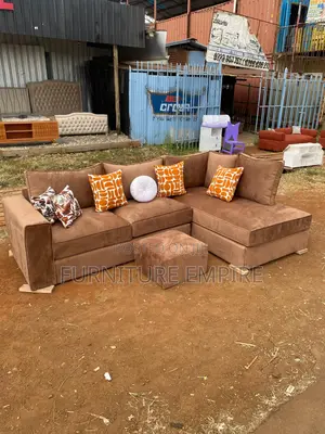 6 Seater L-Shaped Brown Suede Sofa With Footrest
