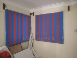 Wide Office Window Blue and Orange Vertical Office Blinds
