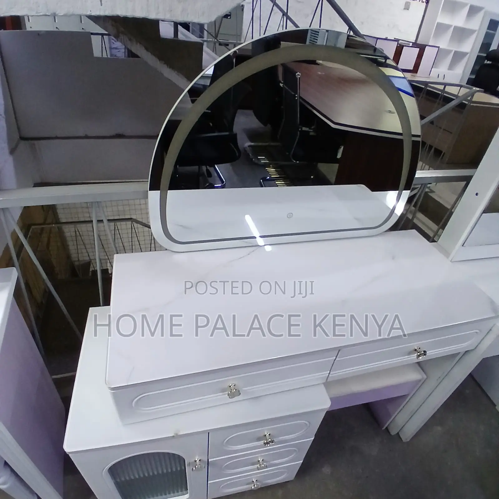 Vanity Table: High Capacity White Vanity Desk With Moon Shaped Mirror