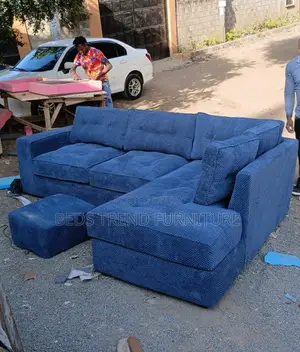 6 Seater Blue L Seat Tufted Sofa With Footrest