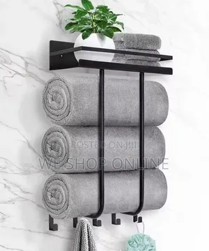 Bathroom Towel Holder With Metal Shelf and 5 Hooks