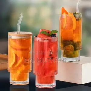 4 PCS Ribned Juice Glasses With Bamboo Lid Straws