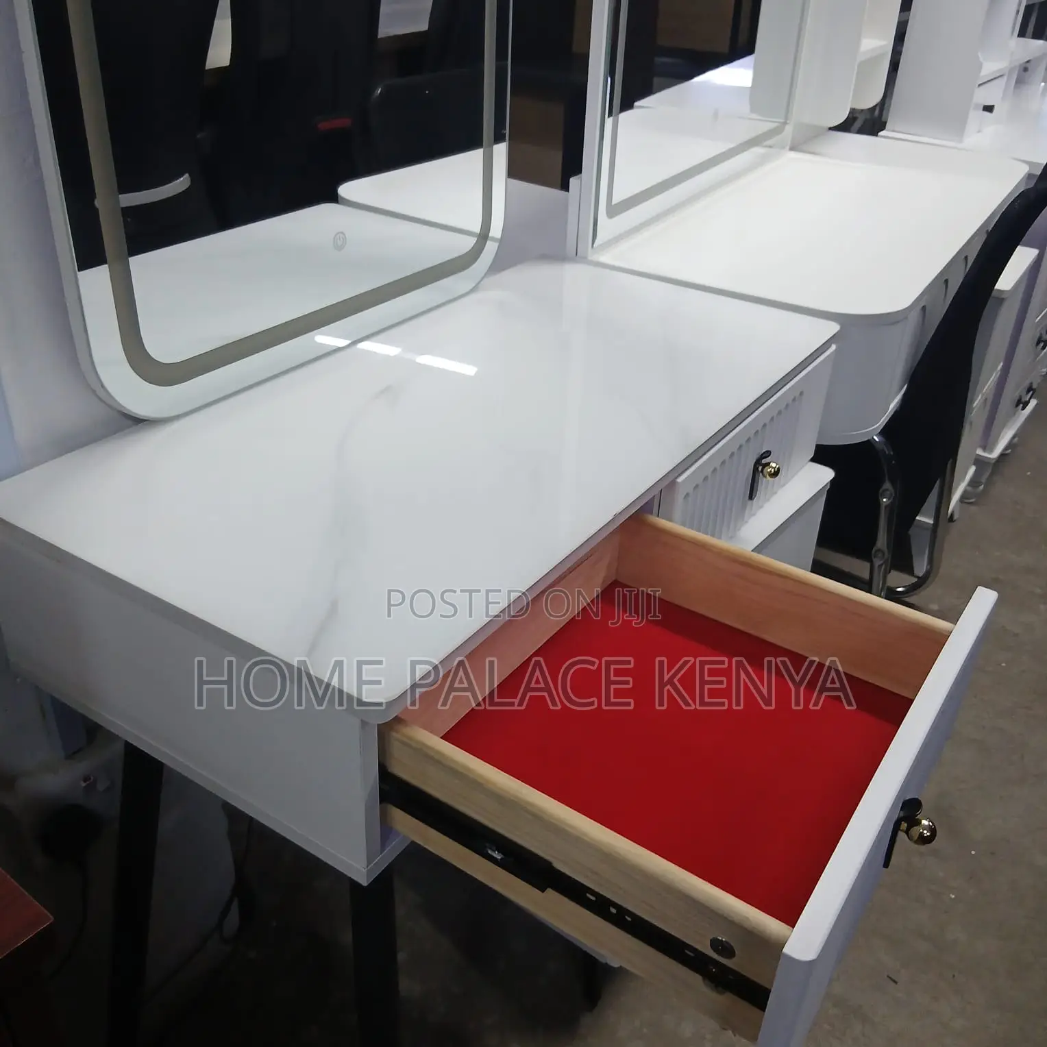 Dressing Table: White Vanity Desk With Red Interior and Marble Top