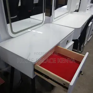 Dressing Table: White Vanity Desk With Red Interior and Marble Top