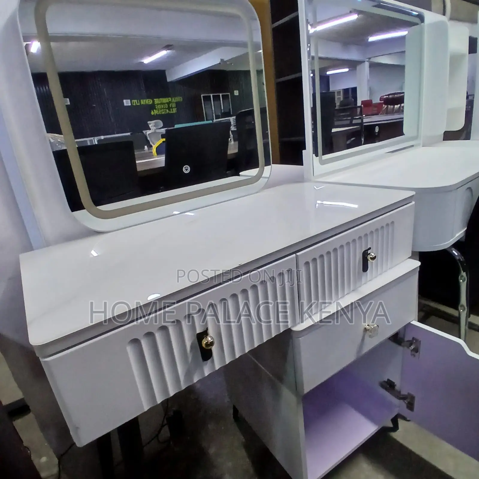 Dressing Table: White Vanity Desk With Red Interior and Marble Top