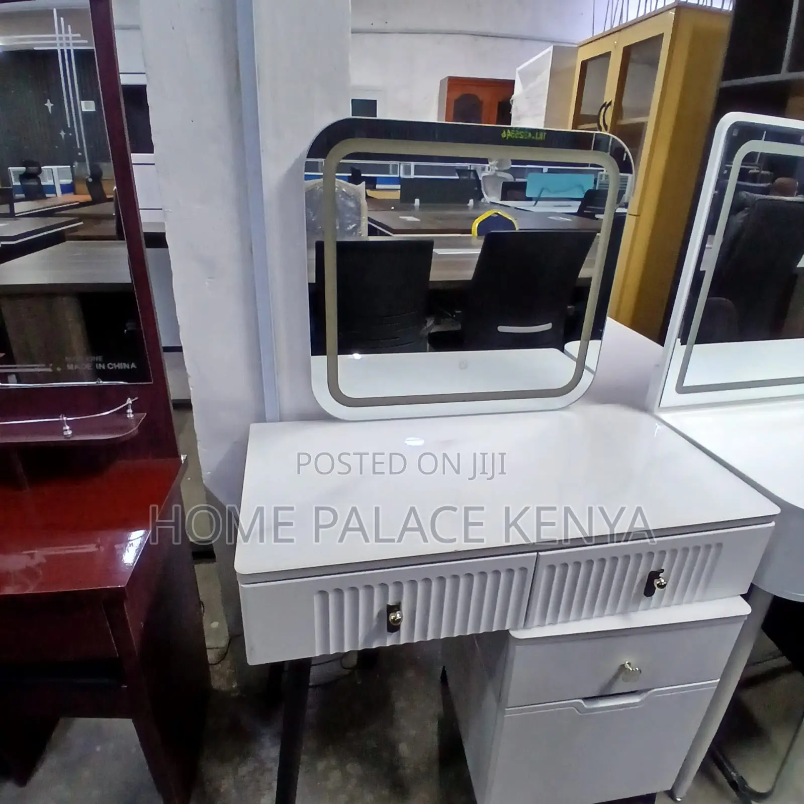 Dressing Table: White Vanity Desk With Red Interior and Marble Top