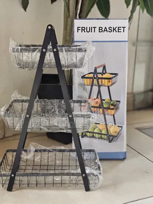 3-Tier Metallic Fruit Basket With Wooden Handle