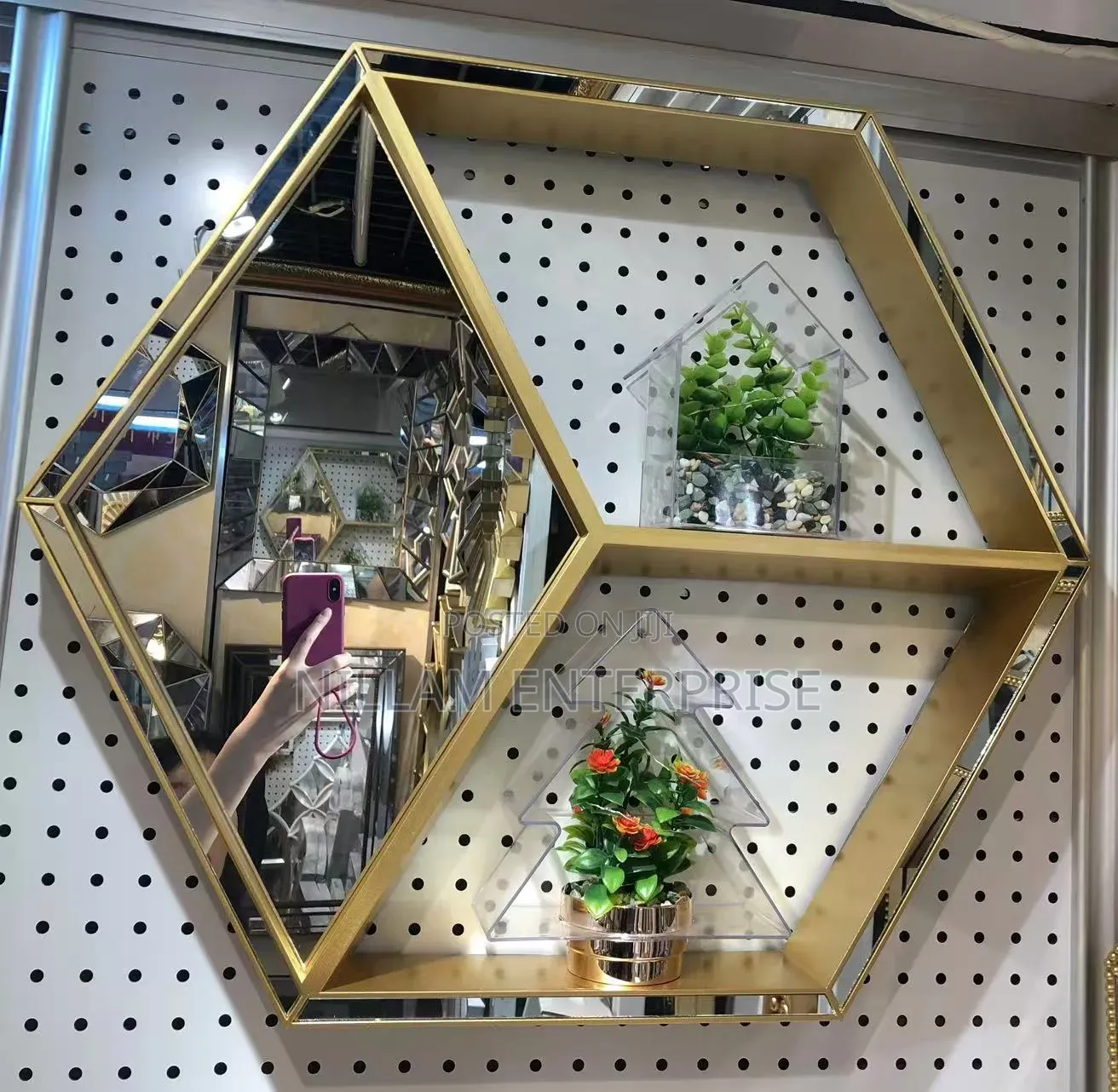 Luxury Gold Hexagon Wall Mirror With Display Shelves*