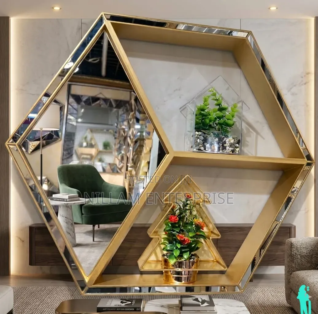Luxury Gold Hexagon Wall Mirror With Display Shelves*