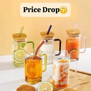Square Smoothie Glass Cup With Bamboo Lid Glass Straw
