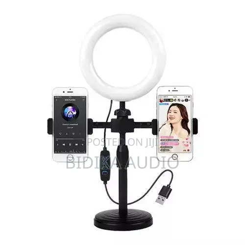 Desktop Ring Light With Dual Phone Holder and in-Line Controller