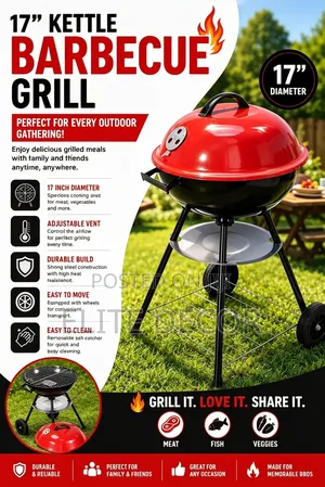 17" Kettle Barbecue Grill – Heavy Duty Charcoal Bbq Grill, Portable