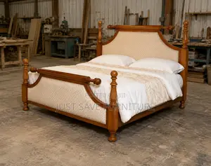 5x6 Solid Mahogany Wooden Bed | Upholstered Headboard Footboard