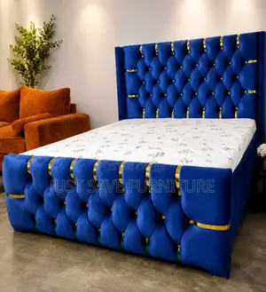 5x6 Royal Blue Upholstered Bed | Tufted Velvet Bed With Gold Accents