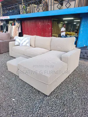 6‐Seater Beige Corduroy L‐Shaped Sofa