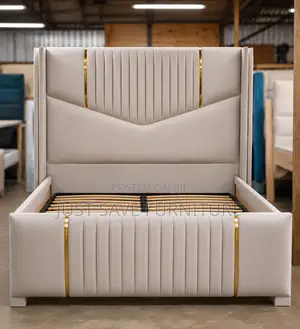 5x6 Luxury Cream Upholstered Bed With Gold Accents | Modern Velvet Bed