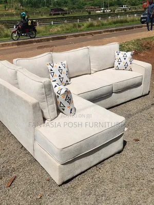 Cream L Shape Sofa Set 5 Seater