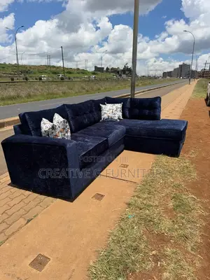 Dark Blue 6‐Seater L‐Shaped Sofa – Velvet Comfort
