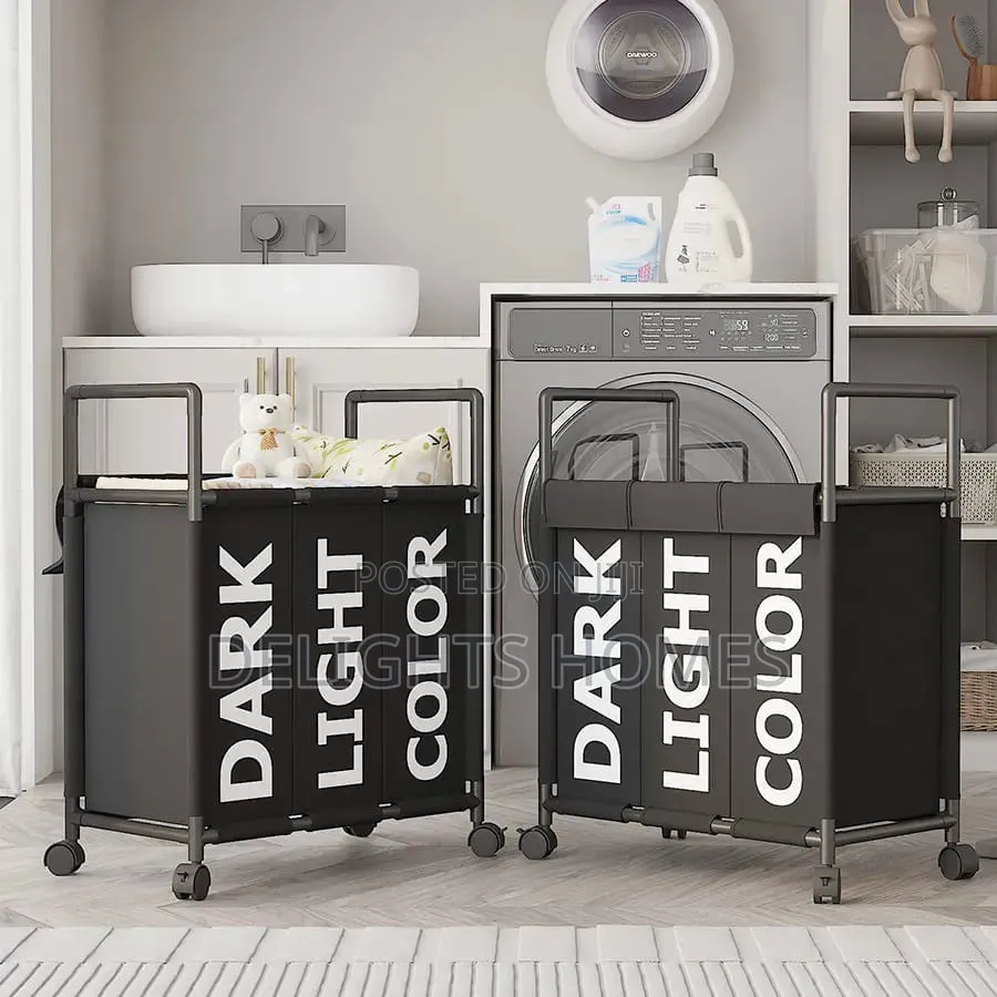 Partition Dirty Clothes Laundry Basket Trolley Rack_pa