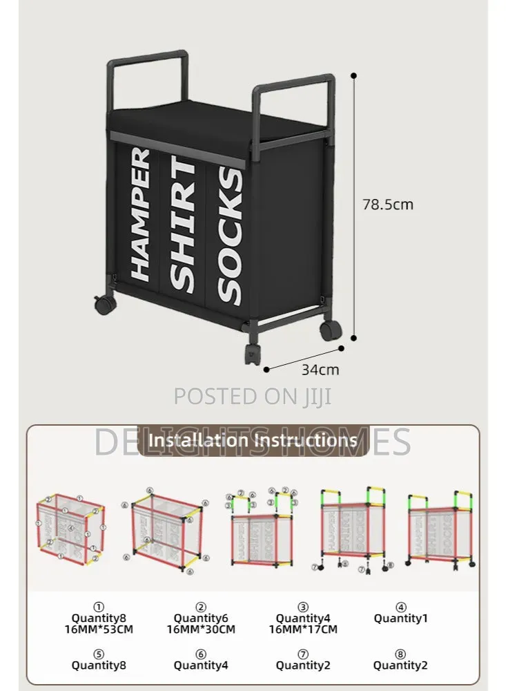 Partition Dirty Clothes Laundry Basket Trolley Rack_pa