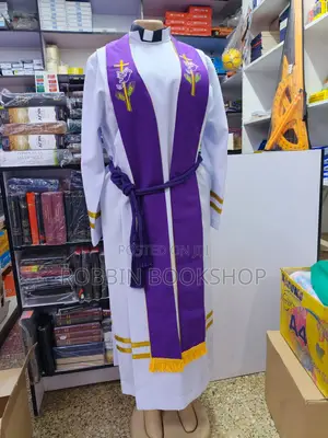 White Clergy Robe With Purple Stole And Rope Belt