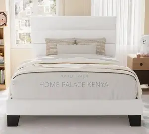 Twin Bed: White Upholstered Fabric Twin Bed