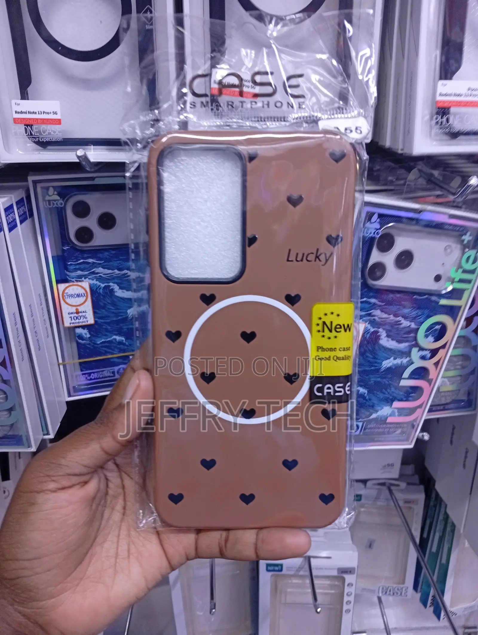 Samsung Galaxy A55 Brown Base, Small Black Heart Patterns, Case